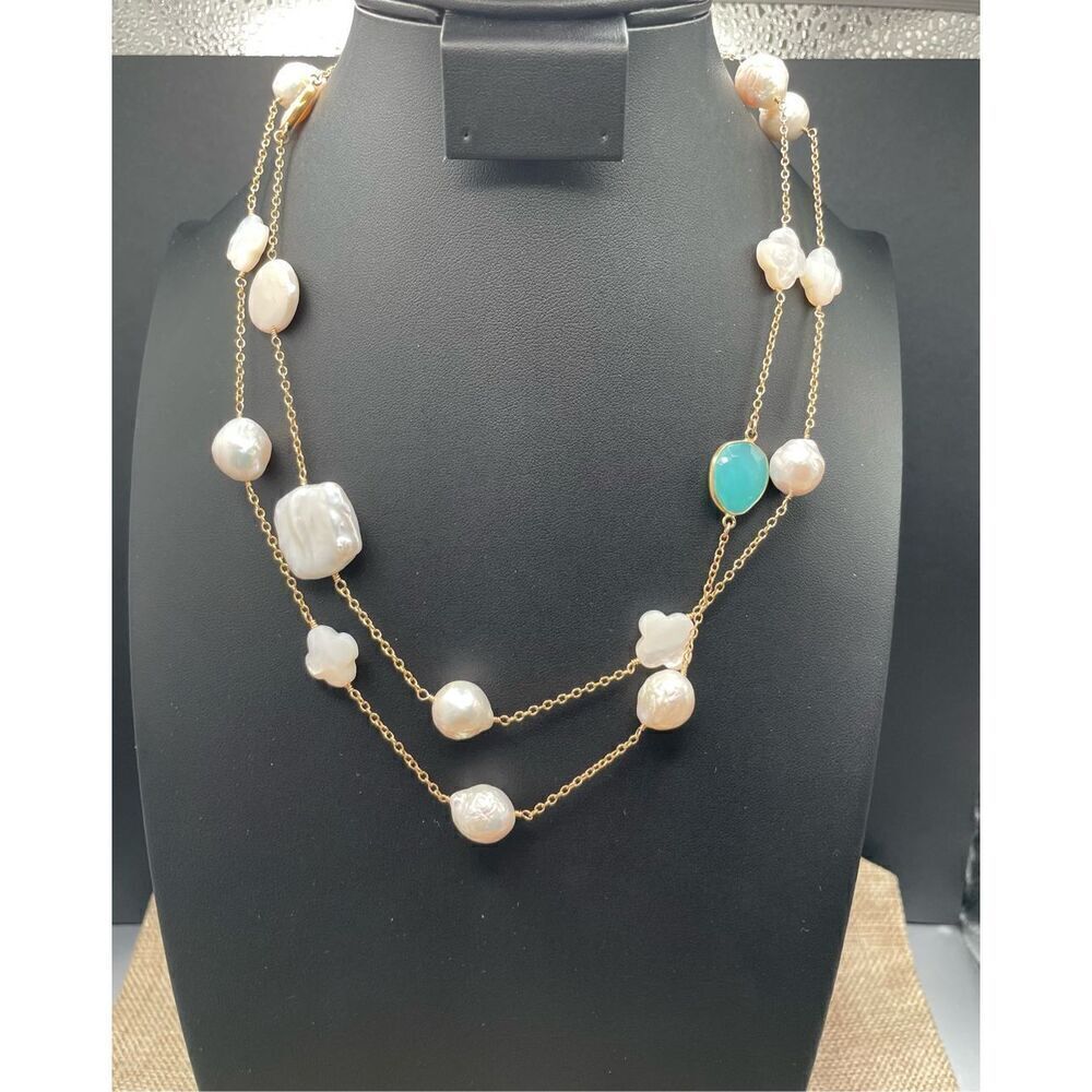 Freshwater Assorted Pearl Blue Stone Larimar Chain Long Necklace